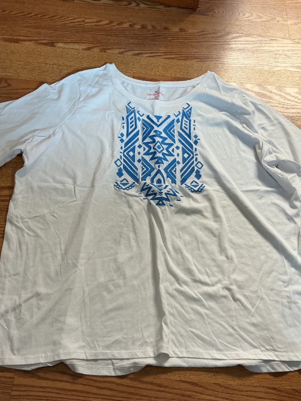 Woman Within White & Blue Embroidered 3/4 Sleeve T~Shirt Tunic Size 2X (26/28)